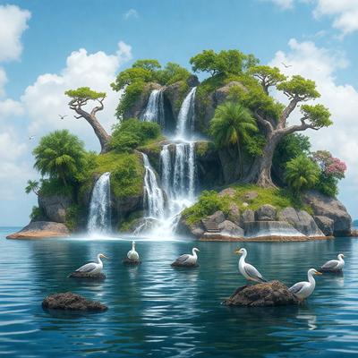The primary subject of the image is a group of birds, specifically seagulls, gathered around a waterfall on a tropical island. The birds are standing on rocks and in the water, creating a lively and natural scene. The setting is a beautiful tropical island with a waterfall, providing a serene and picturesque backdrop. The visual style of the image is a combination of photo and digital art, creating a realistic and vibrant representation of the birds and their surroundings. The colors and mood of the image are predominantly warm and inviting, with the tropical island and waterfall adding a sense of tranquility and relaxation.